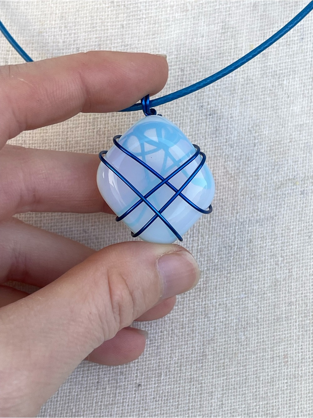 Blue Steel Wire Wrap Opalite Necklace on Blue Cord